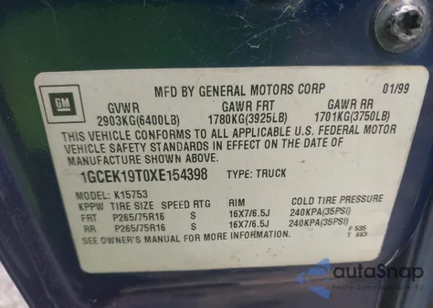 1999 Chevrolet Silverado 1500 Ls из США, поврежденный, VIN 1GCEK19T0XE154398